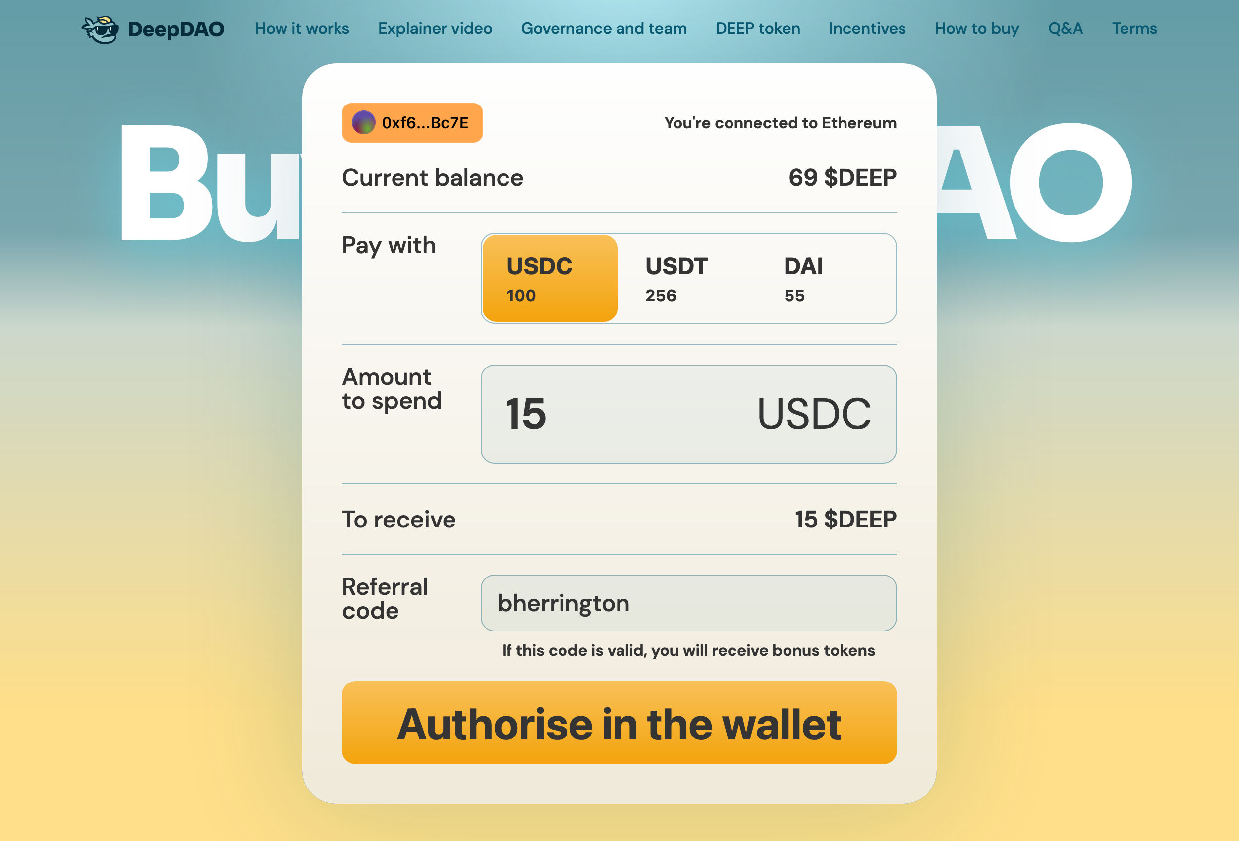 Main application screen with a token selector and balances
